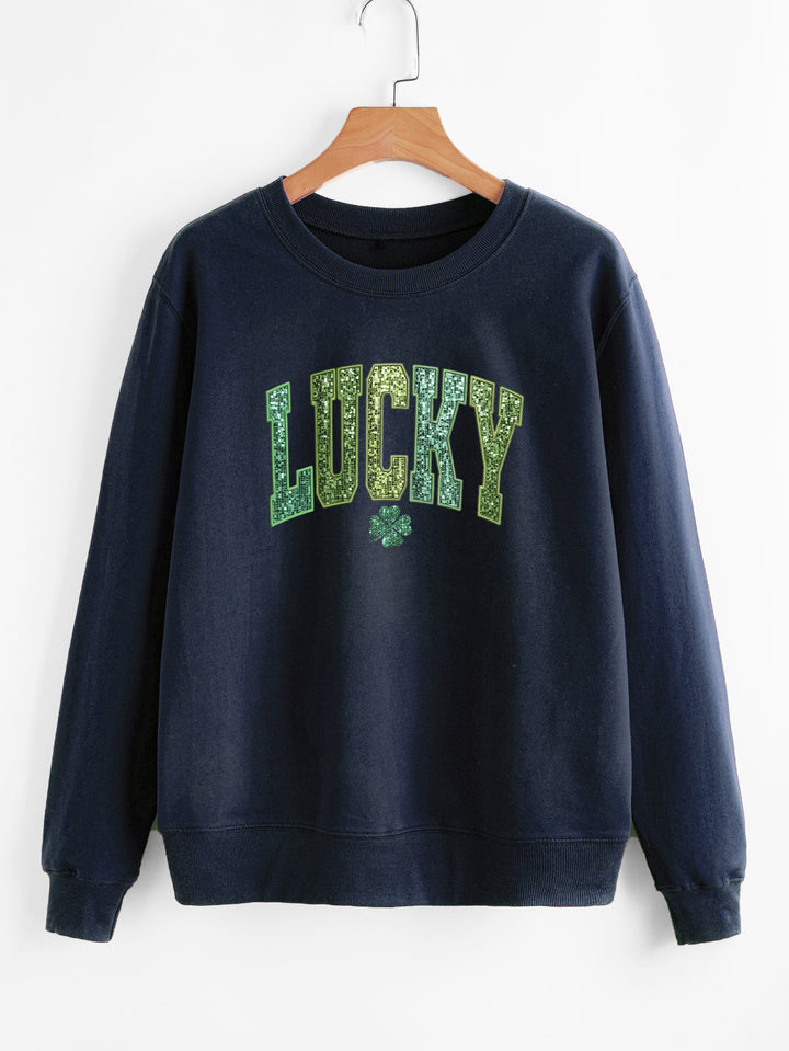 Damen lässiger Sweatshirt mit glitzerndem Schriftzug und Kleeblattmotiv Drune