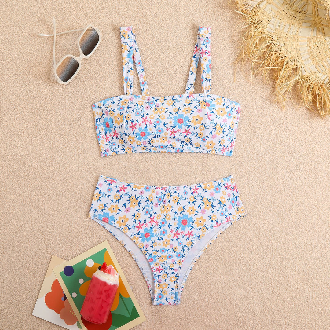 Damen Zweiteiliges Crop-Top Bikini-Set mit floralem Design und breiten Trägern Drune