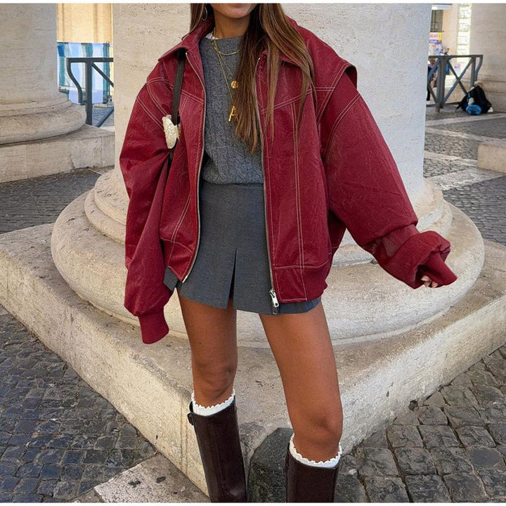 Damen modische Kunstlederjacke mit auffälligem Kragen Drune