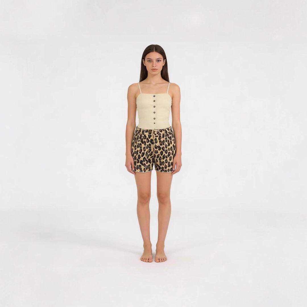 Damen lässige Leo-Shorts mit fransigem Saum und hohen Taschen Drune