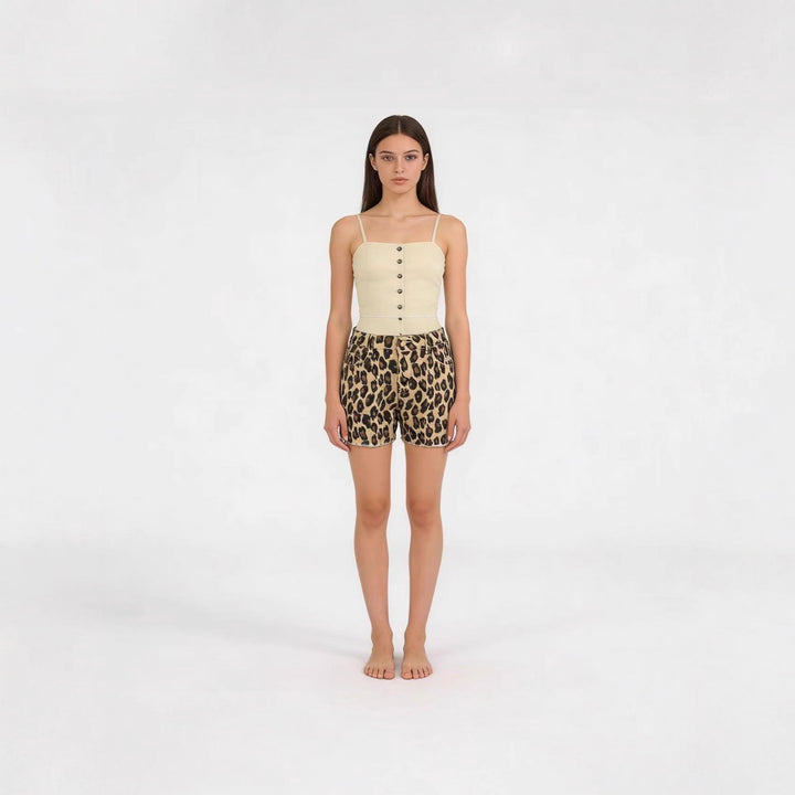 Damen lässige Leo-Shorts mit fransigem Saum und hohen Taschen Drune