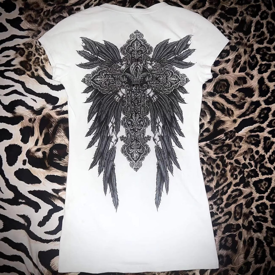 Damen V-Ausschnitt T-Shirt mit kunstvollem Kreuzdesign Drune