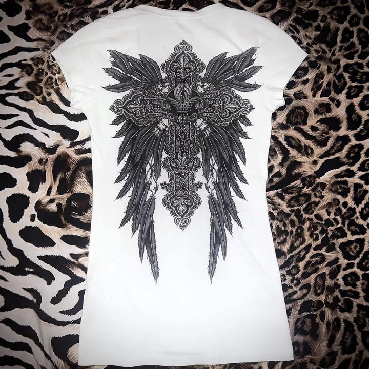 Damen V-Ausschnitt T-Shirt mit kunstvollem Kreuzdesign Drune