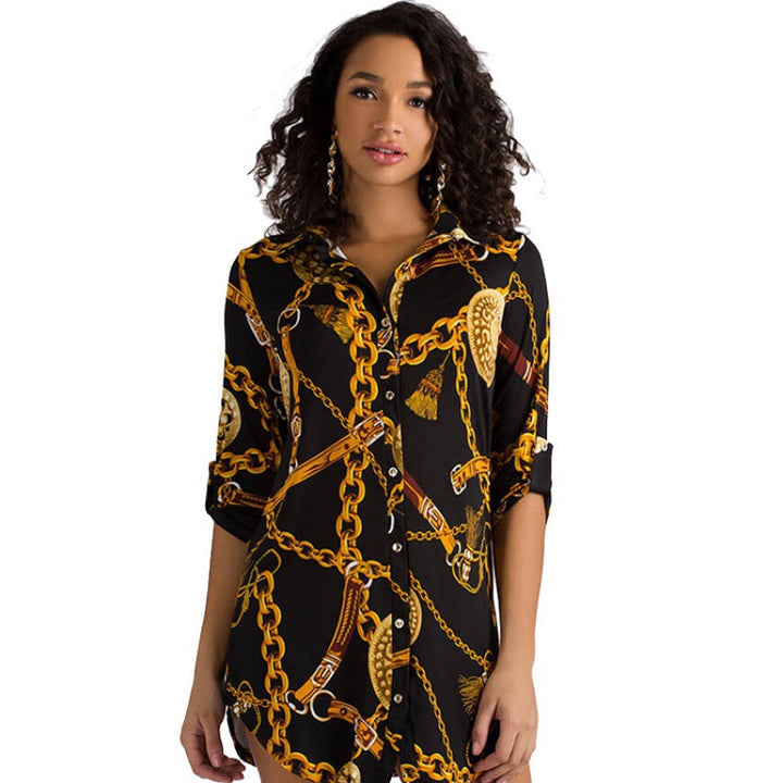 Damen Trendausschnitt Hemdblusenkleid Drune
