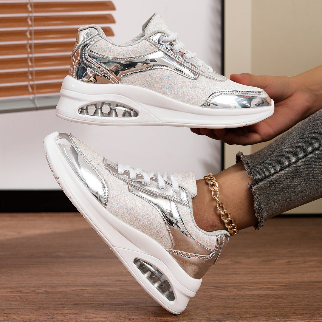 Damen nan elegante Stadt-Sneaker mit glitzerndem Textiloberteil, reflektierenden Metallic-Overlays und integriertem Dämpfungskern Drune
