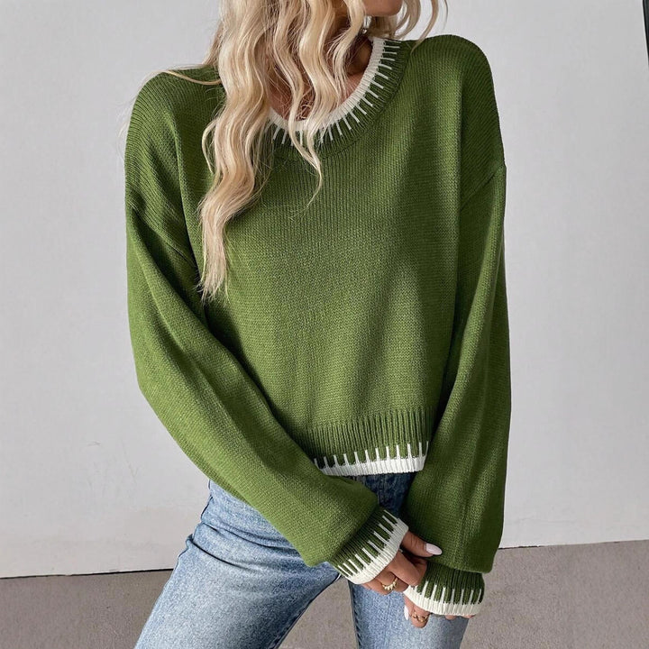 Damen Bequemer Strickpullover mit modischem Rundhalsausschnitt und farblich abgesetzten Details Drune