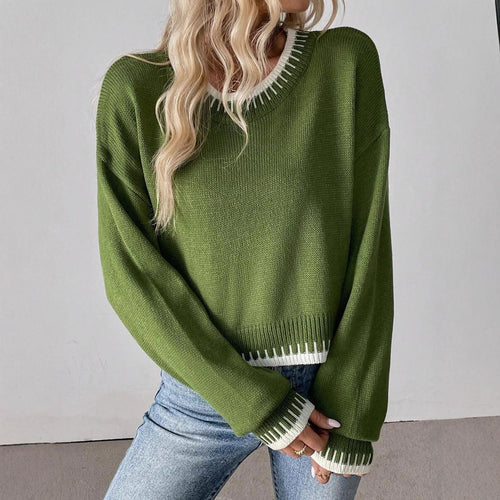 Damen Bequemer Strickpullover mit modischem Rundhalsausschnitt und farblich abgesetzten Details Drune