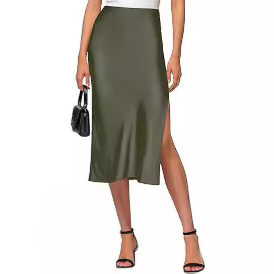 Damen Satin-Midirock mit hohem Schlitz Drune