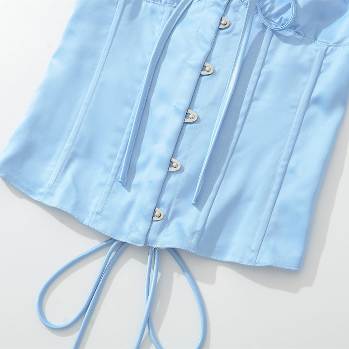 Damen Satin-Nachtkleid mit dekorativen Bindebändern und Knopfleiste Drune
