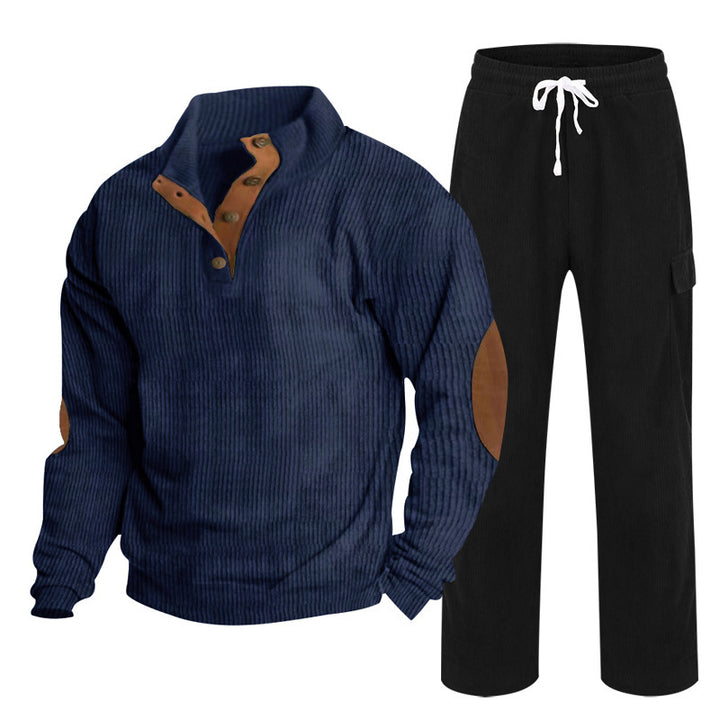 Herren nan Strick-Freizeitset mit Knopfleiste und Ellenbogenaufnähern sowie Cord-Cargohose Drune