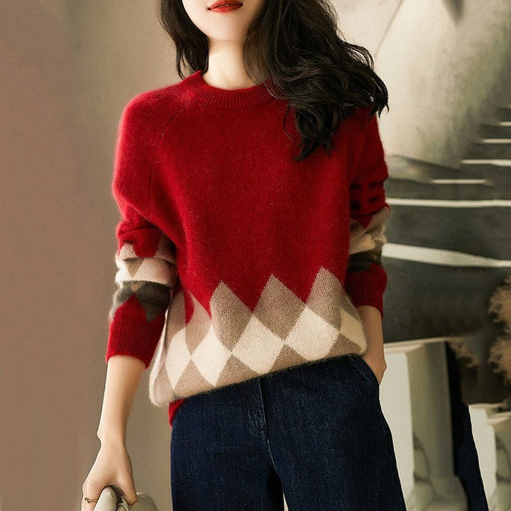 Damen lässiger Strickpullover mit modernem Rhombenmuster und weichem Material Drune