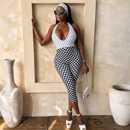 Damen Polka-Dot Jumpsuit mit tiefem V-Ausschnitt und elastischem Material Drune