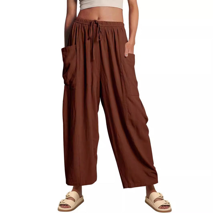 Damen nan weite Palazzohose aus leichtem Leinenmix mit Tunnelzug und seitlicher Tasche Drune