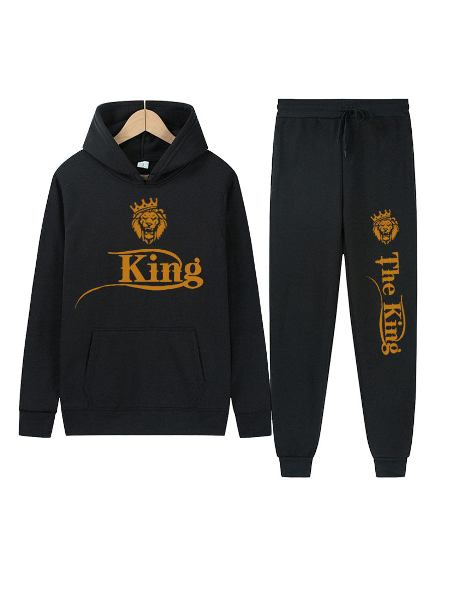 Herren Sportliches Kapuzenpulli und Jogginghose Set mit Königsmotiv Drune