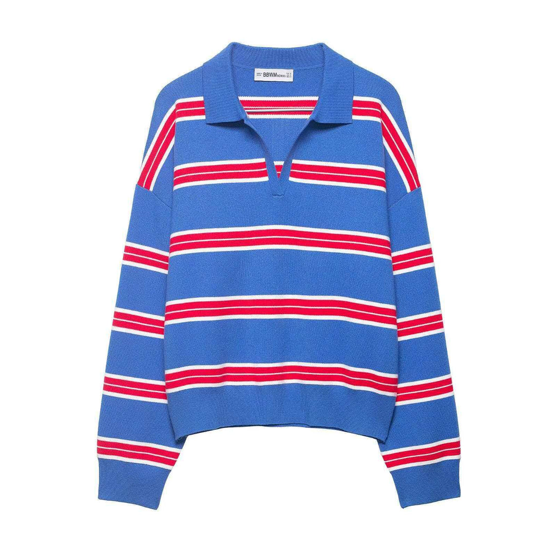 Damen nan gestreifter Rugby-Strickpullover mit Polokragen und weiter Oversize-Passform Drune