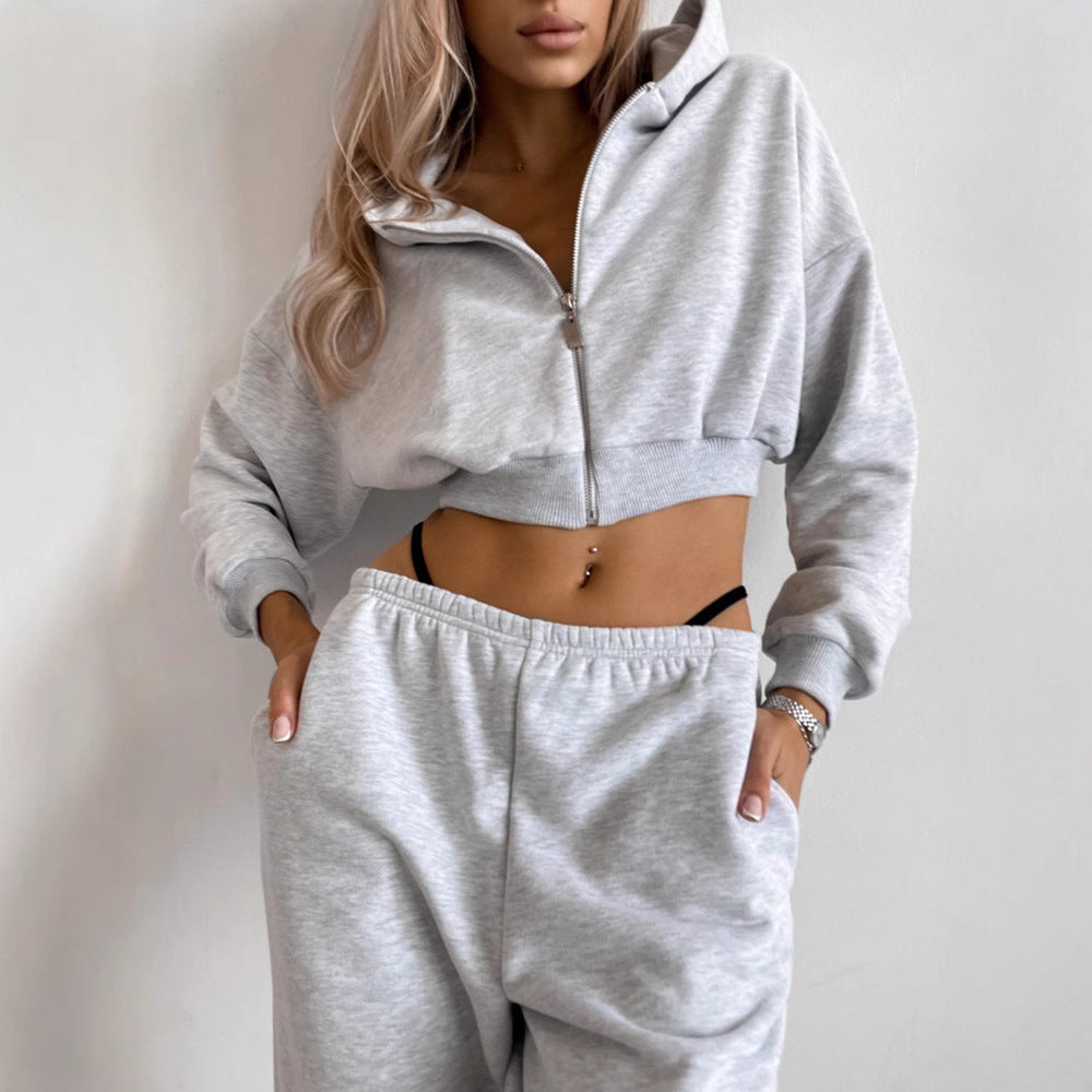 Damen bequemer Cropped Fleece-Trainingsanzug Drune