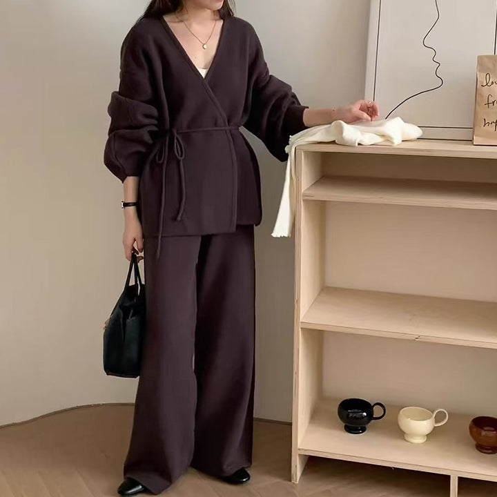 Damen elegantes Wickeloberteil mit weitem Schnitt und passender Hose Drune