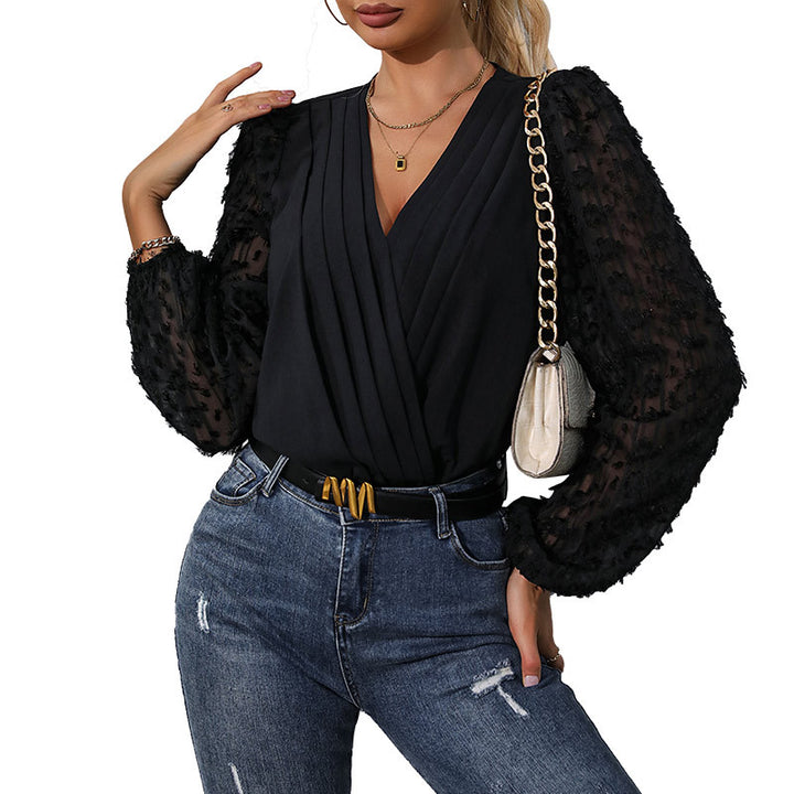 Damen Wickelbluse mit eleganten Puffärmeln und strukturierter Spitze Drune