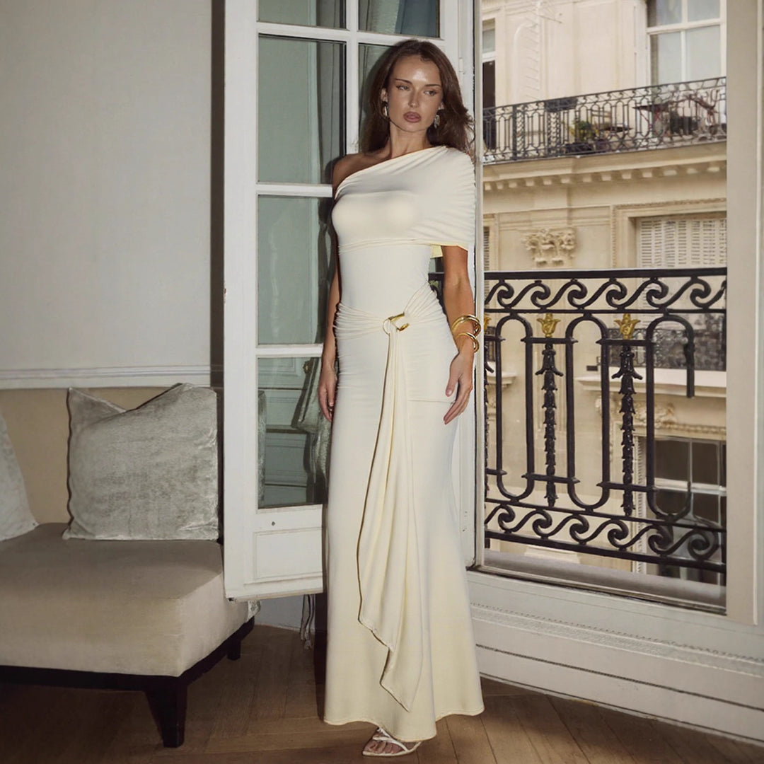 Damen Elegantes One-Shoulder Maxikleid mit figurbetonendem Schnitt und verspieltem Bindeband Drune
