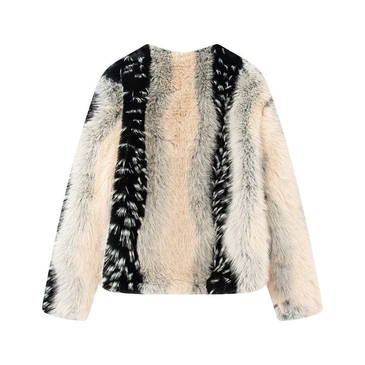 Damen nan kurze Kunstpelzjacke mit kontrastierenden Längsbesätzen und Rundhalsausschnitt Drune