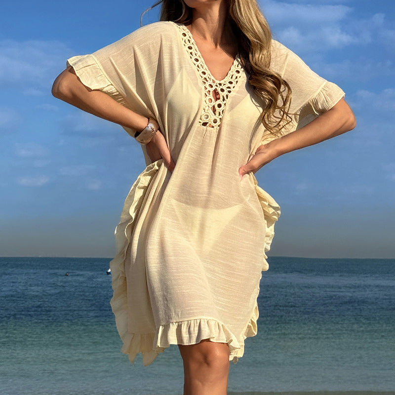 Damen Strandtunika mit elegantem Häkelbesatz und Rüschendetails Drune