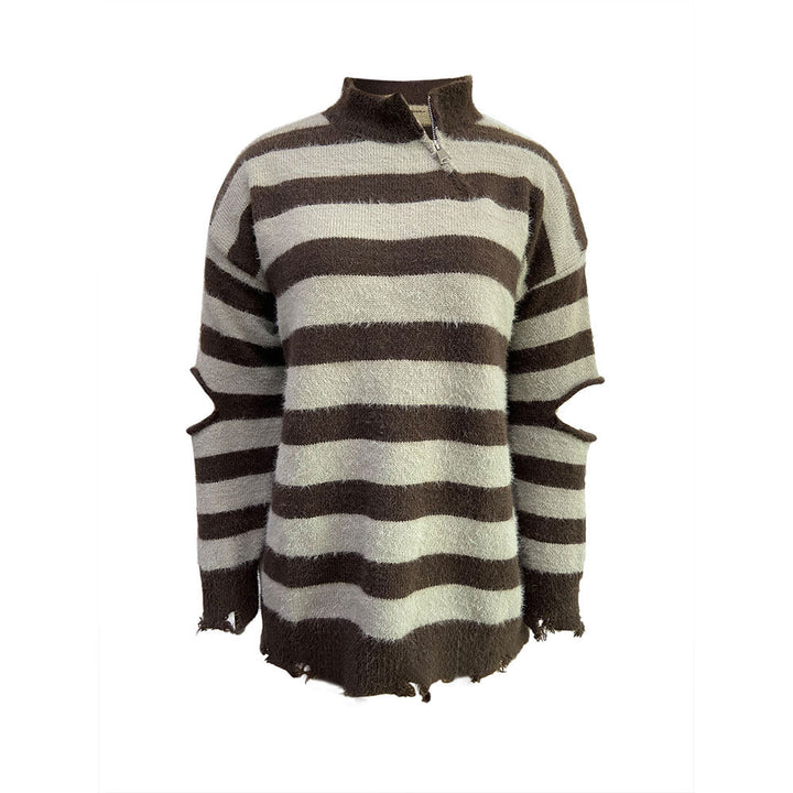 Damen Oversized Strickpullover mit Reißverschluss und seitlichen Cut-Outs Drune
