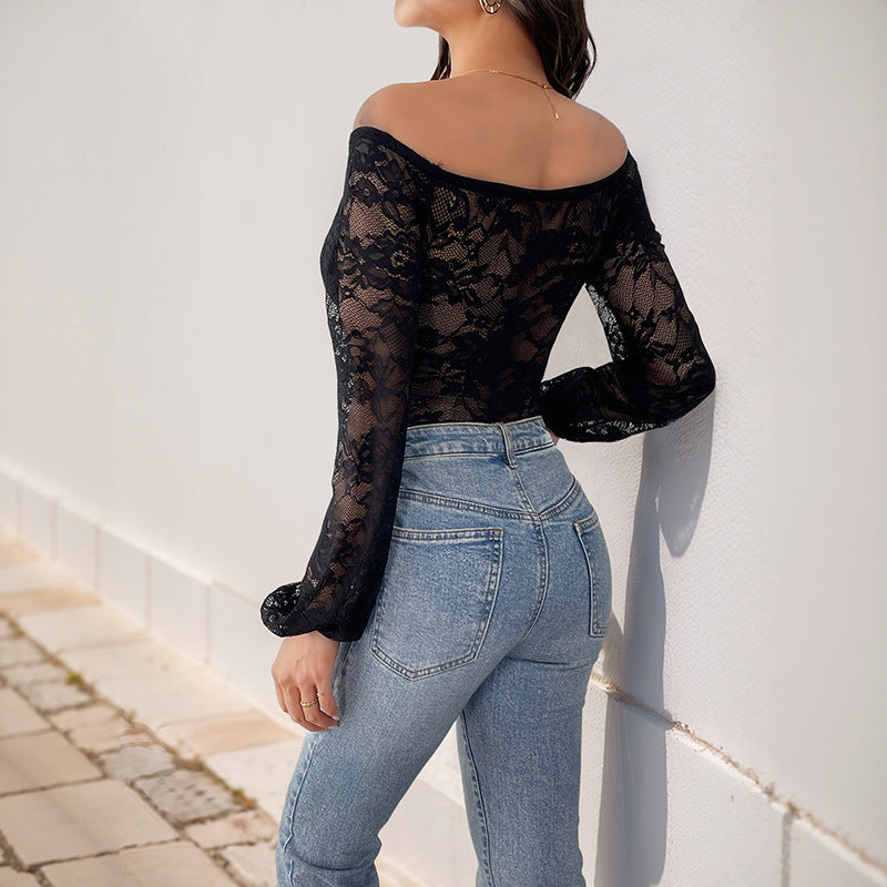 Damen Spitzenbody mit langem Arm und off-Shoulder Design Drune