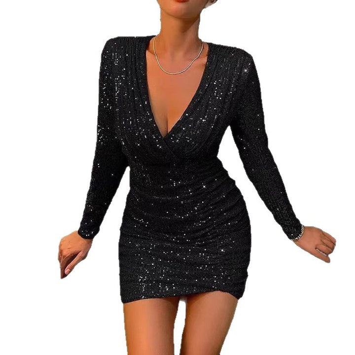 Damen Glitzerndes Minikleid mit tiefem V-Ausschnitt und langem Arm Drune