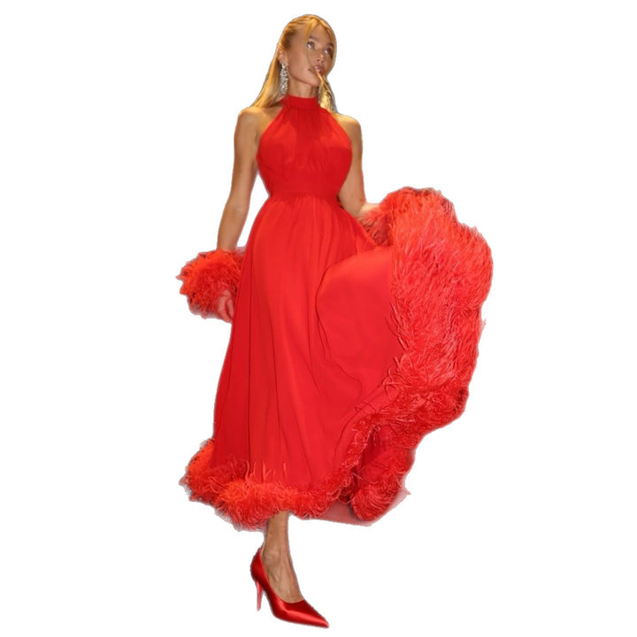Damen Maxikleid mit eleganten Federn und hochgeschlossenem Design Drune