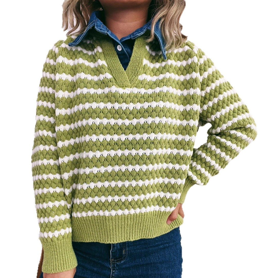 Damen Strickpullover mit tiefem V-Ausschnitt und markantem Streifenmuster Drune
