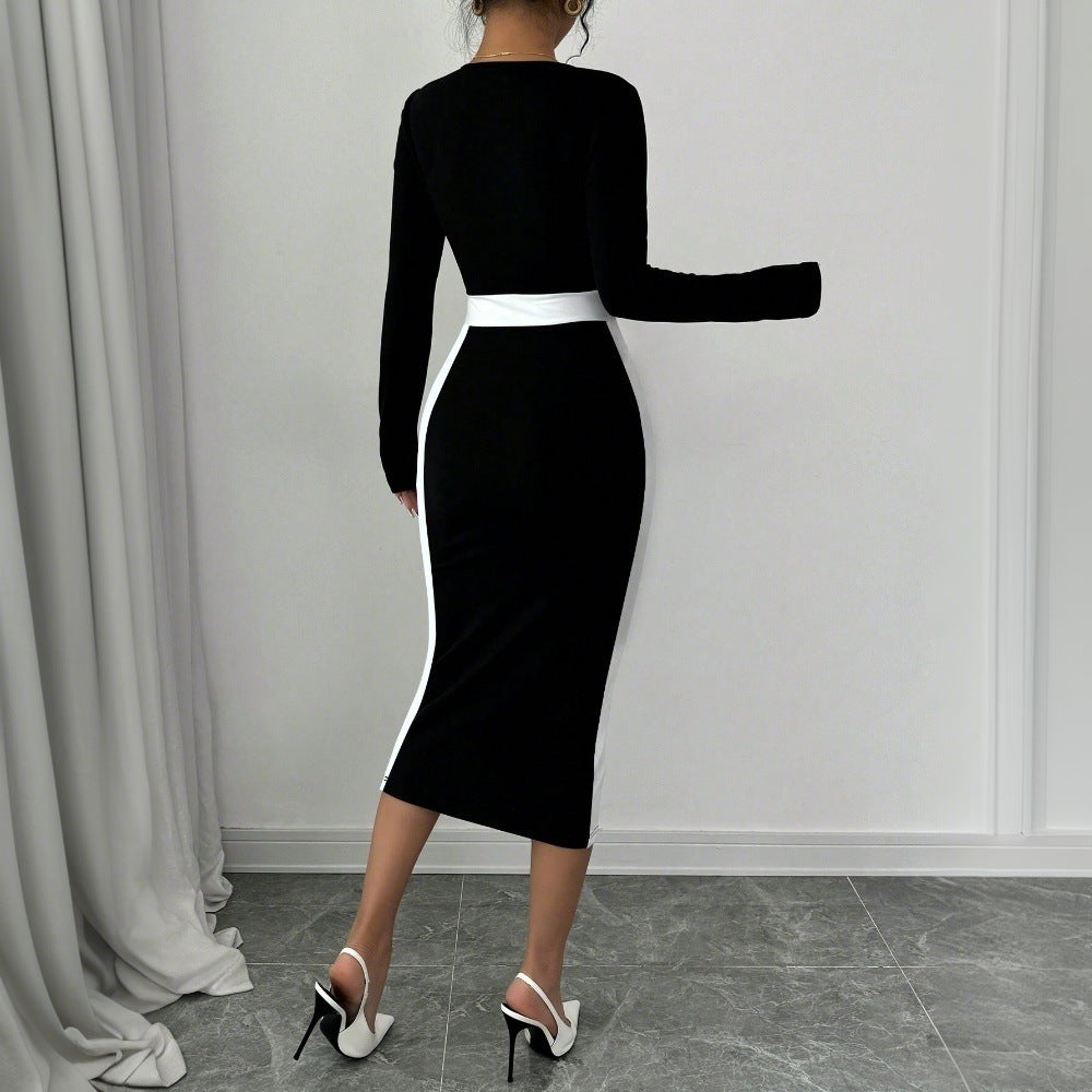 Damen figurbetontes Midi-Kleid mit quadratischem Ausschnitt und kontrastierenden Akzenten Drune