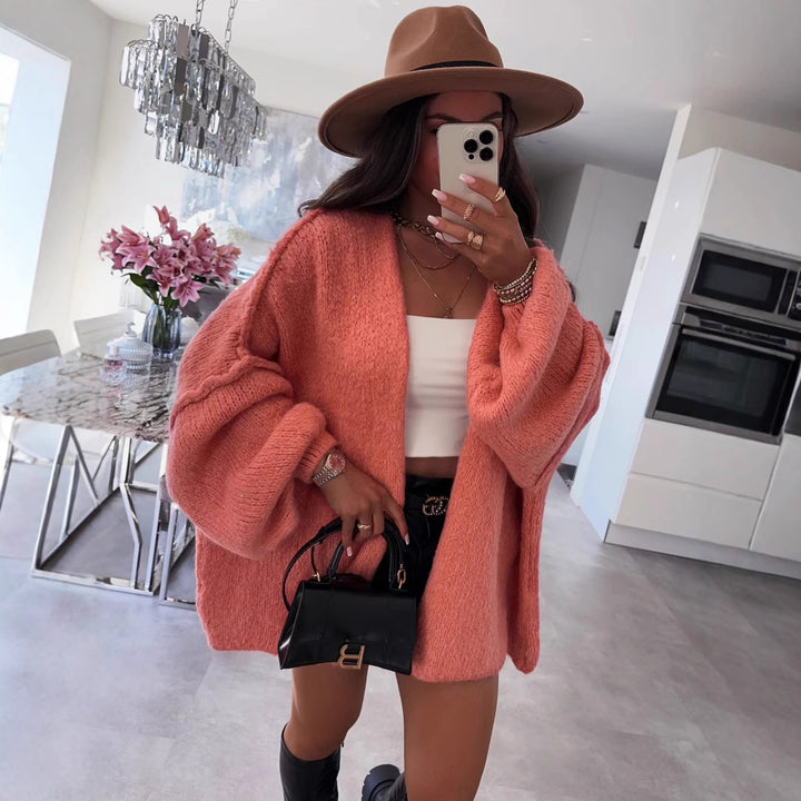 Damen oversized Strickjacke mit lässigen Ballonärmeln und strukturiertem Material Drune