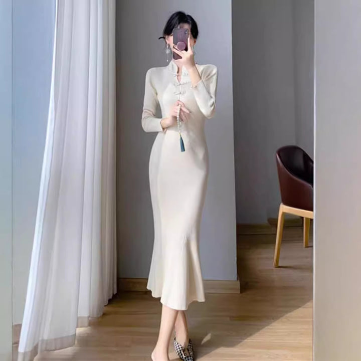 Damen Strickkleid mit eleganter Knopfleiste und langen Ärmeln Drune