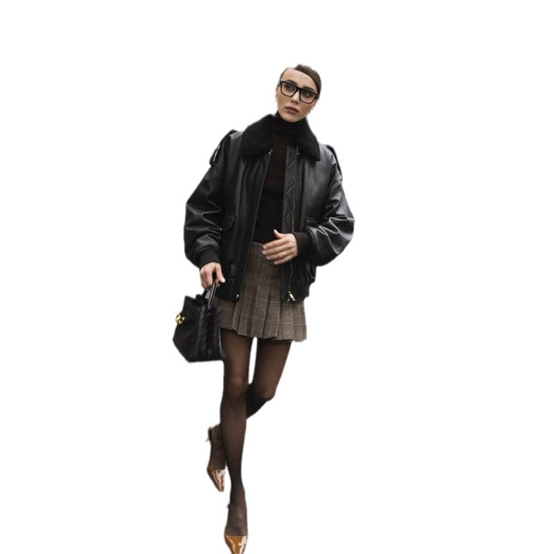 Damen Lederjacke mit großem Kragen und lässigem Schnitt Drune