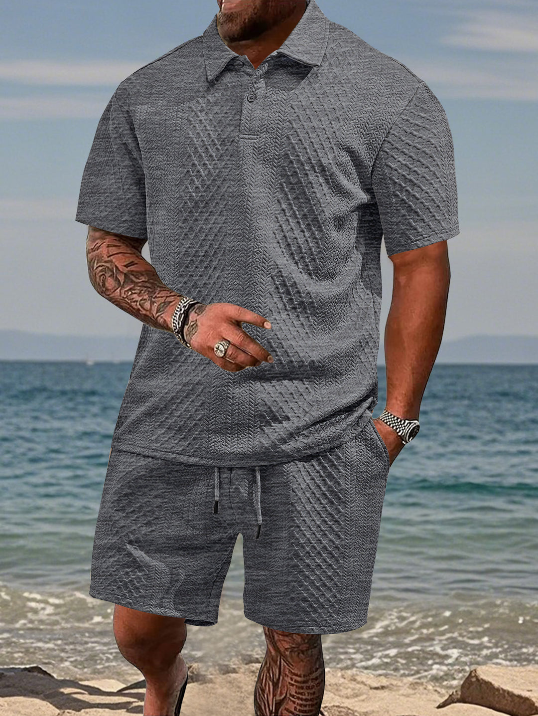 Herren nan geprägtes Strand-Ensemble mit offenem Kurzarm-Hemd und Kordel-Bermuda Drune