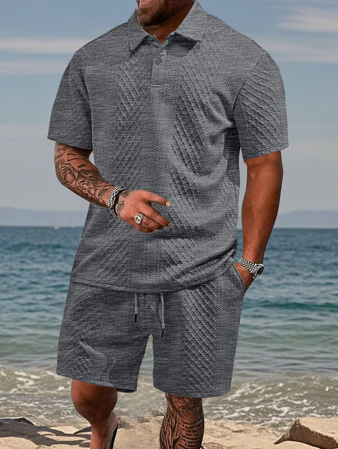 Herren nan geprägtes Strand-Ensemble mit offenem Kurzarm-Hemd und Kordel-Bermuda Drune