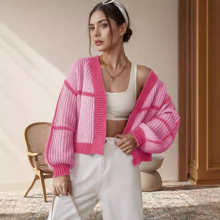 Damen lässiger Strickcardigan mit modernem Blockstreifenmuster Drune