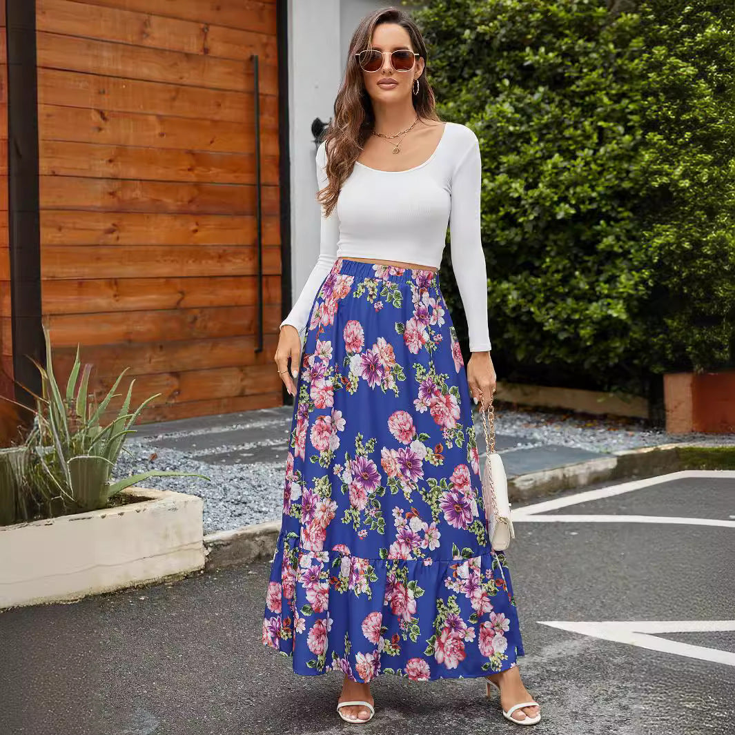 Damen Maxi-Rock mit fröhlichem Blumenmuster und voluminösem Stufenansatz Drune