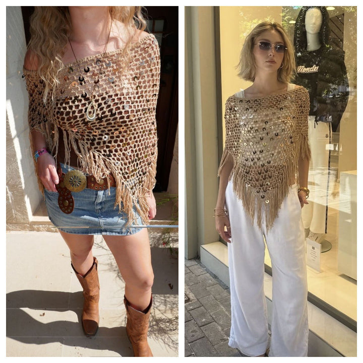 Damen dekorativer Spitzen-Poncho mit eleganten Pailletten und Fransen Drune
