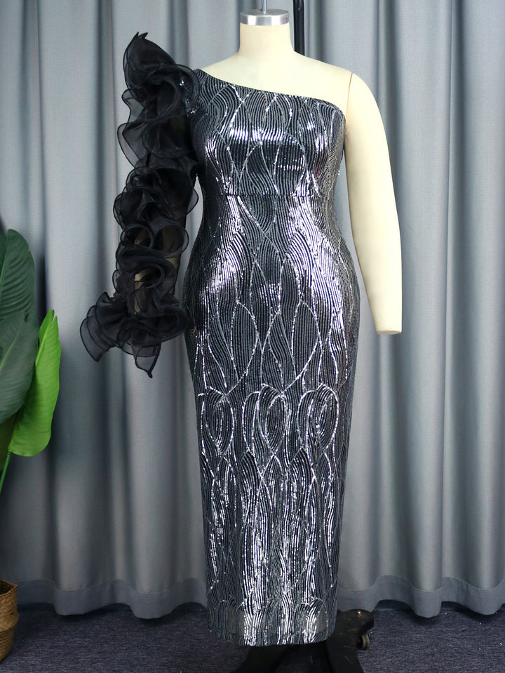 Damen Glitzerndes Abendkleid mit asymmetrischem Schnitt und voluminösen Rüschendetails Drune