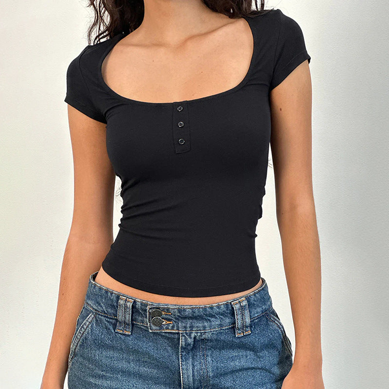 Damen figurbetontes Kurzarmshirt mit tiefem Rundhalsausschnitt und modischer Knopfleiste Drune
