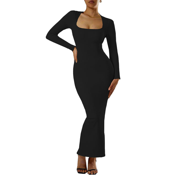 Damen Langarm Maxikleid mit tiefem Ausschnitt und figurfreundlichem Schnitt Drune