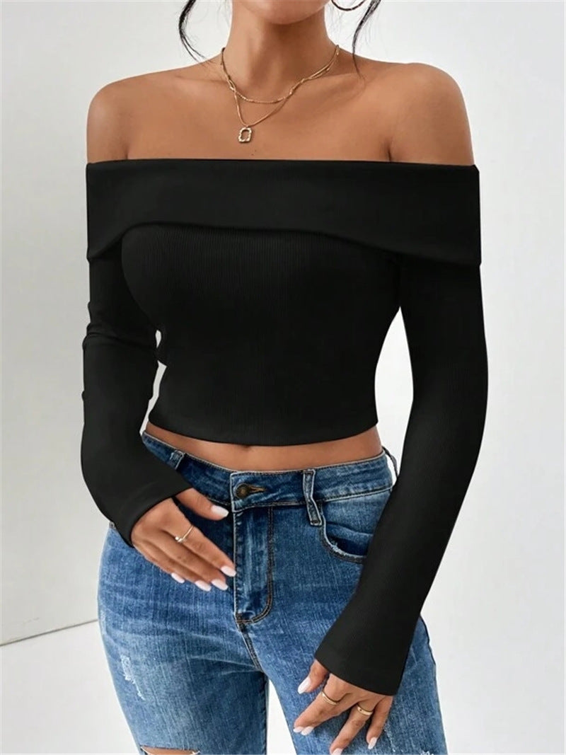 Damen Off-Shoulder Crop-Top mit langen Ärmeln und feiner Rippstruktur Drune