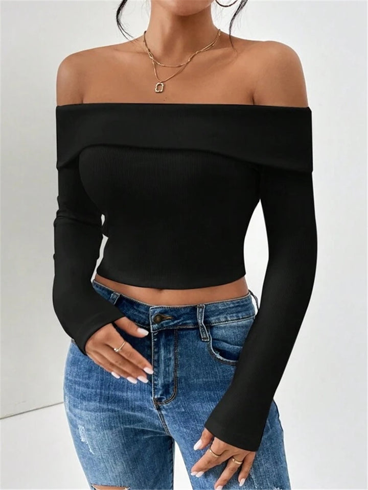 Damen Off-Shoulder Crop-Top mit langen Ärmeln und feiner Rippstruktur Drune