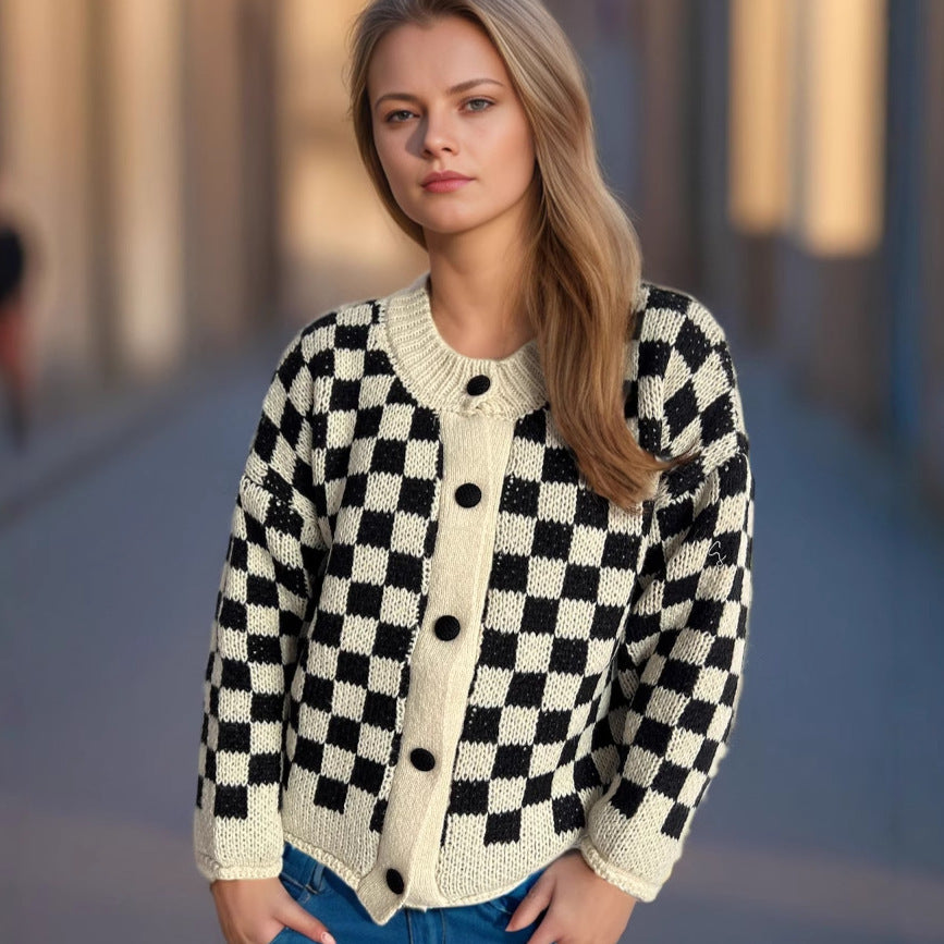Damen gemusterte Strickjacke mit großen Knöpfen und lockerem Schnitt Drune