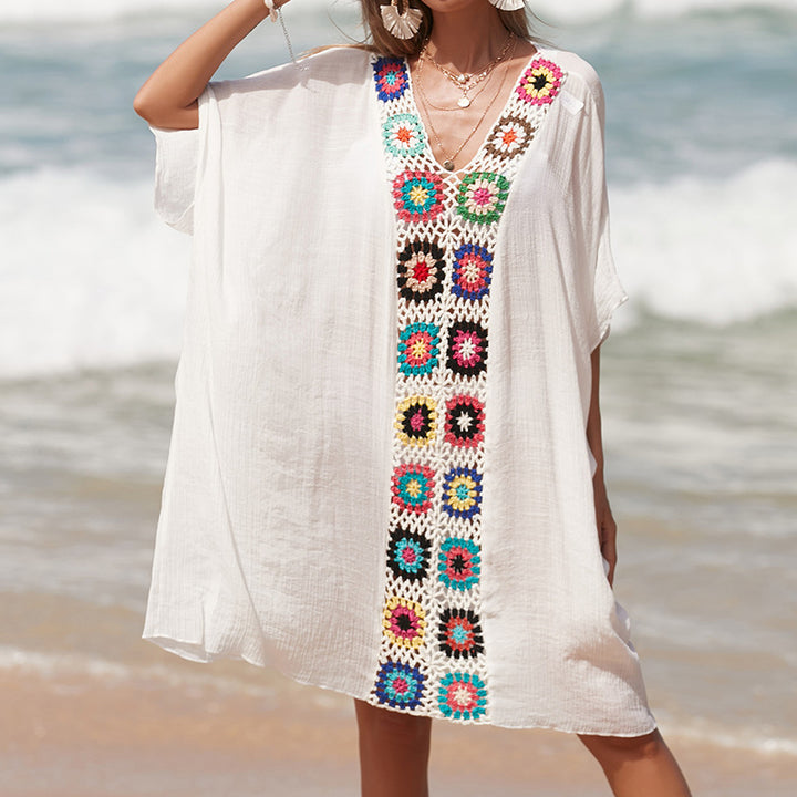 Damen Häkel-Strandtunika im lässigen Oversize-Stil mit bunten Applikationen Drune