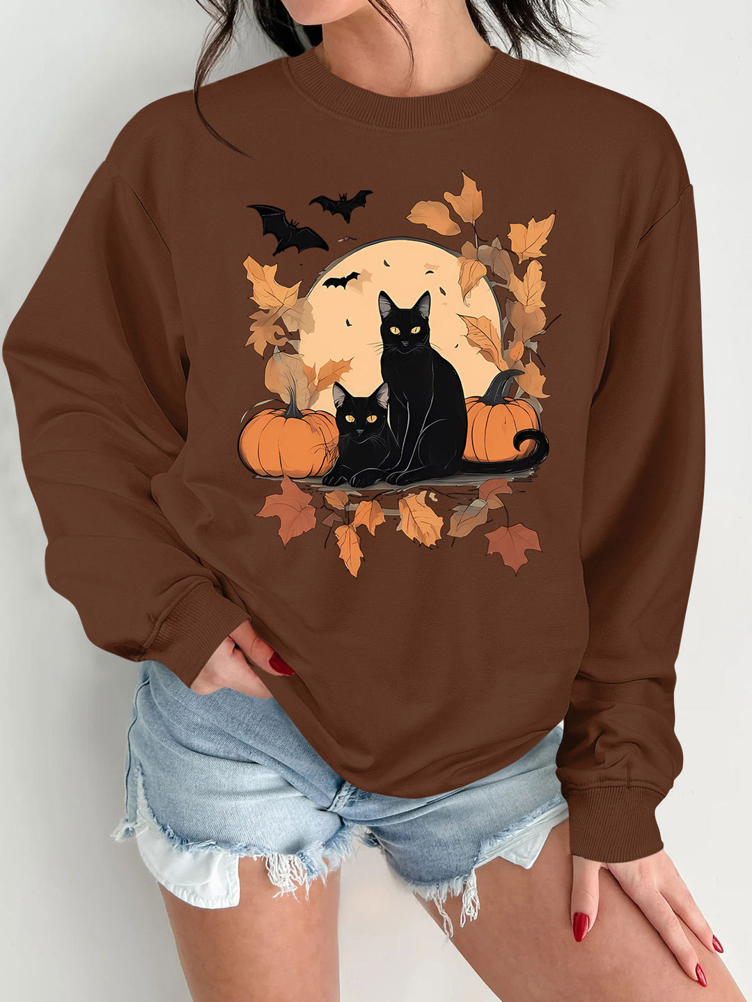 Damen Sweatshirt mit herbstlichem Katzen- und Kürbisdesign Drune