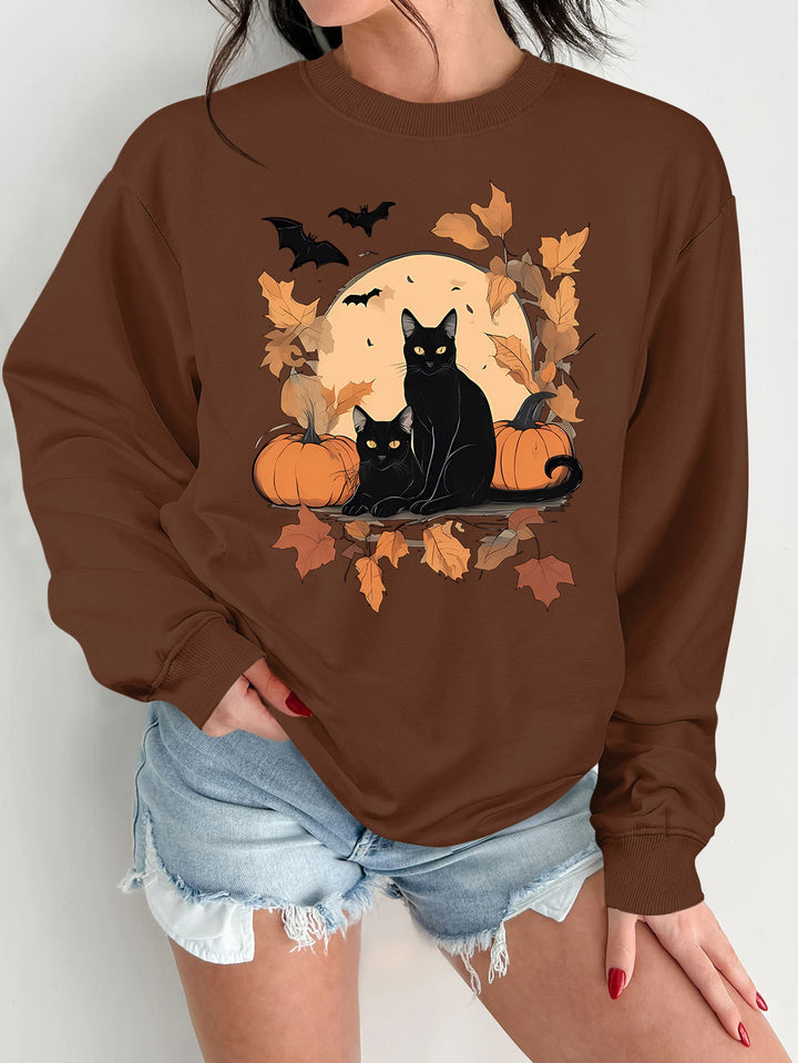 Damen Sweatshirt mit herbstlichem Katzen- und Kürbisdesign Drune
