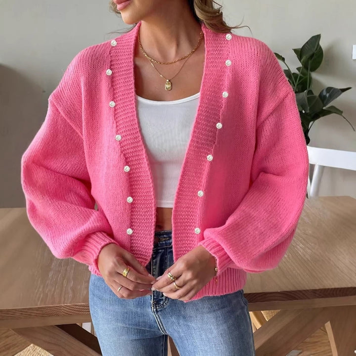 Damen nan grobstrick Cardigan mit Perlenknöpfen und Balloonärmeln Drune