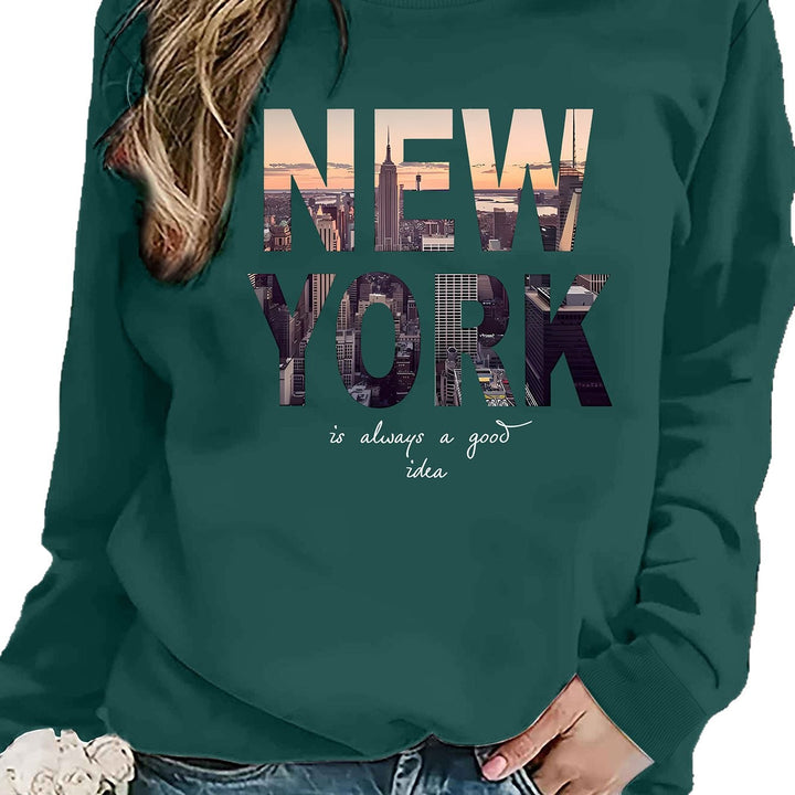 Damen Sweatshirt mit kreativem New York Skyline Druck und gemütlichem Schnitt Drune